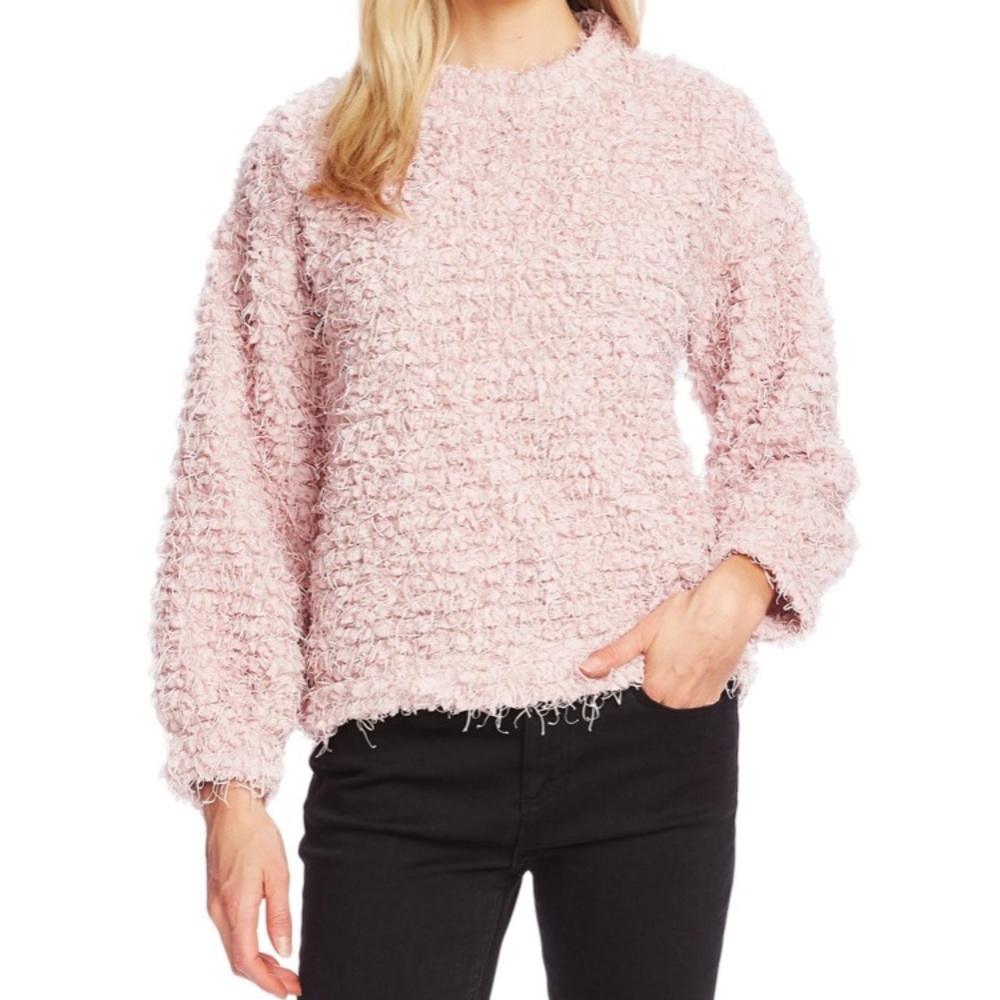Pink Shaggy Fuzzy Knit 3D Fringe Plush Teddy-Knit Plush Mock Neck Sweater